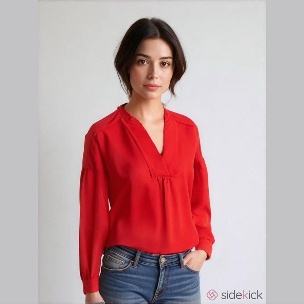Laundry By Shelli Segal Red V-Neck Long Sleeve Blouse NWT
